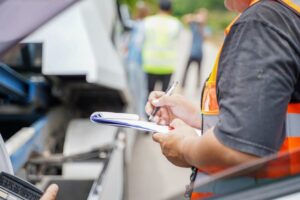 after accident claim being assessed and processed on blurred damaged car truck slides and group of people background.