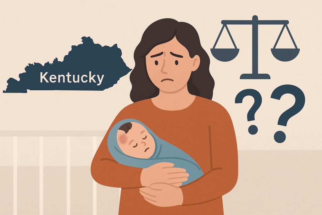 Worried mother in Kentucky holding bruised newborn, with justice scales and question marks symbolizing legal uncertainty after birth injury.