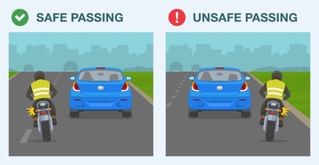 Illustration comparing safe vs unsafe motorcycle passing: on the left, a motorcyclist safely overtakes a car on the left side with clear distance; on the right, the same rider dangerously passes on the right side, too close to the vehicle. Highlights proper motorcycle passing techniques for road safety.