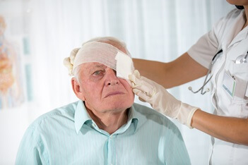 older man having eye injury bandaged by doctor