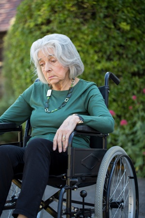 sad woman in wheelchair nursing home neglect