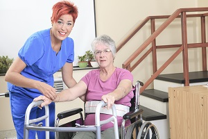 Female patient must rely on a wheelchair and walker after a bone fracture